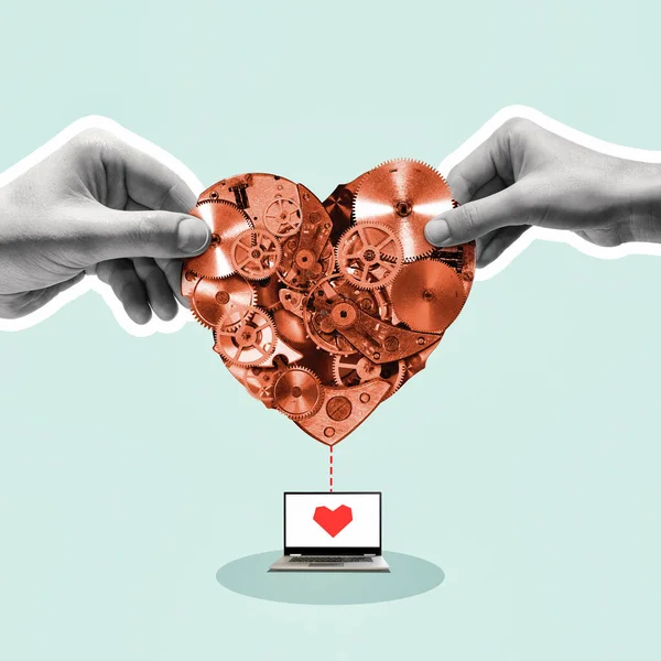 Två Händer Med Mekaniskt Hjärta Online Dejting Koncept Konstkollage — Stockfoto