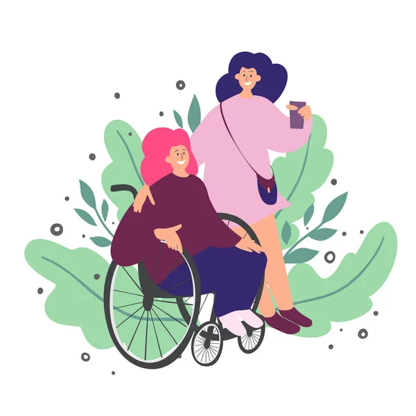 Zwei Mädchen Unterhalten Sich Unterhaltsam Einer Von Ihnen Sitzt Rollstuhl — Stockvektor