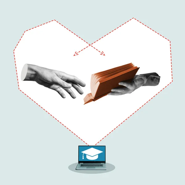 Conceito Educação Online Colagem Abstrata Com Laptop Mãos Humanas Com — Fotografia de Stock