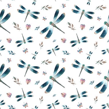 Suluboya böcekleri ile kusursuz grafik desen: yusufçuklar, kelebekler, güveler ve beyaz arka plandaki dallar