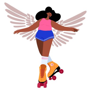 Patenci kız. Kanatlı paten giyen genç bir kadın..