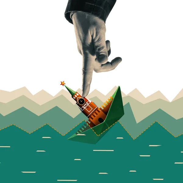 Paper Boat Kremlin Tower Sinking Pressure Western Countries Art Collage — стоковое фото