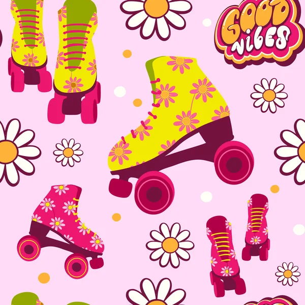 Patrón Rosa Brillante Divertido Sin Costuras Con Patines — Vector de stock