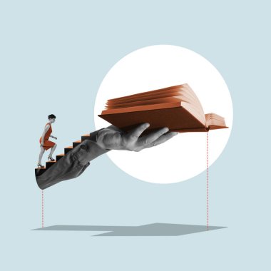 The girl climbs the stairs to the open book. Art collage.