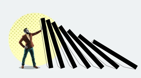Homme Arrête Chute Des Blocs Domino Collage Art — Photo