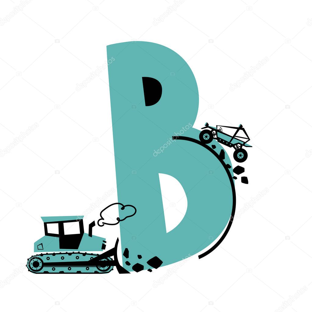 Capital letter B and words starting with B: Buggy and Bulldozer. Children ABC poster with transport. Fun alphabet for kids learning English vocabulary