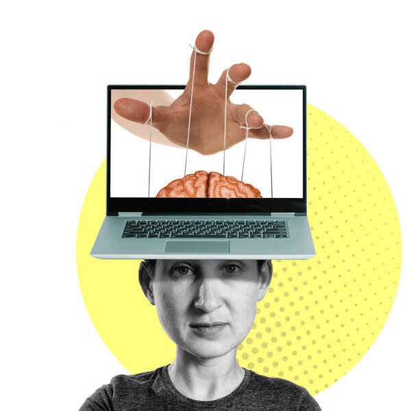 Manipulation of a person with the help of media. Art collage.