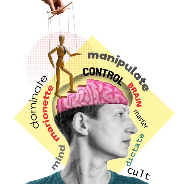 Manipulacja Kontrola Nad Ludzkim Mózgiem Kolaż Artystyczny — Zdjęcie stockowe