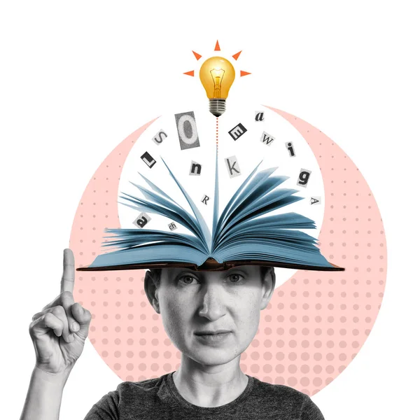 Kopf Mit Aufgeschlagenem Buch Und Glühbirne Als Metapher Für Eine — Stockfoto