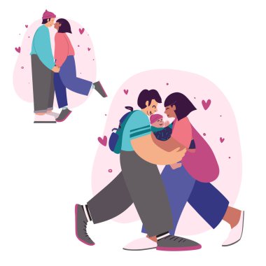 Askıda bebeği olan modern mutlu genç bir ailenin portresi. Aile geçmişi, fotoğraf albümü