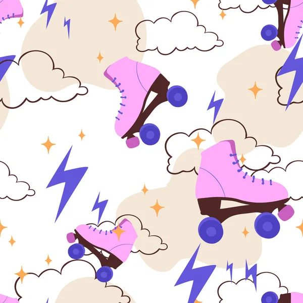 Vector Seamless Pattern Pink Roller Skates Clouds Flashes — Stock Vector