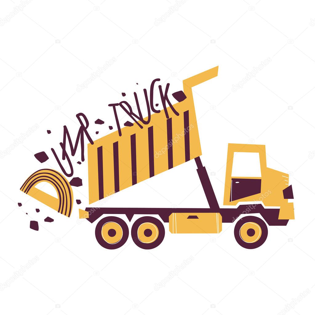 Letter D and Yellow dump truck. Children ABC poster with transport. Yellow dump truck for kids learning English vocabulary