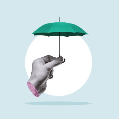 Hide under an umbrella from problems. Art collage. clipart