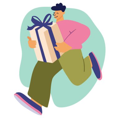 Bir adam, bir adam koşuyor, hediye kutusuyla aceleyle geliyor, teslimat.