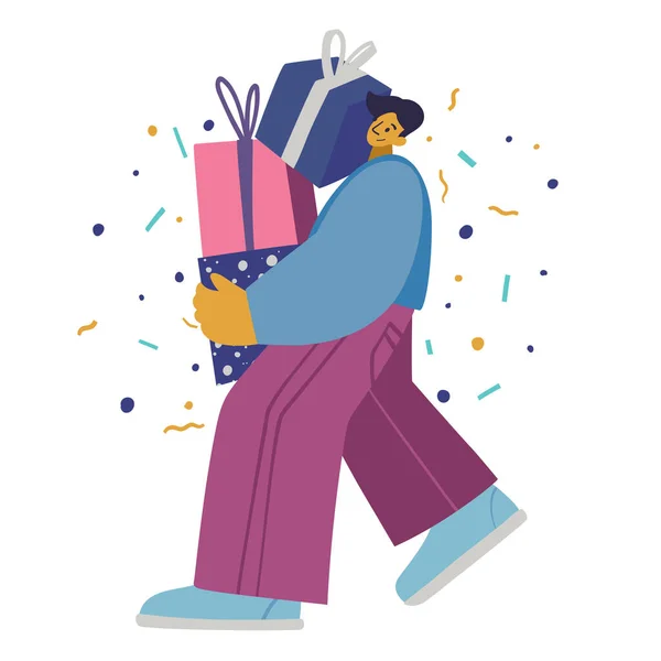 Smiling Man Carrying Gift Boxes Stack Flat Vector Illustration Isolated — Stockvektor