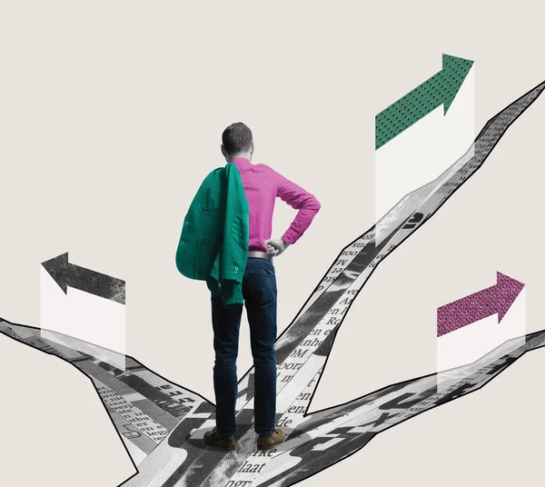 Businessman Stands Crossroads Choosing Right Path Art Collage — 스톡 사진