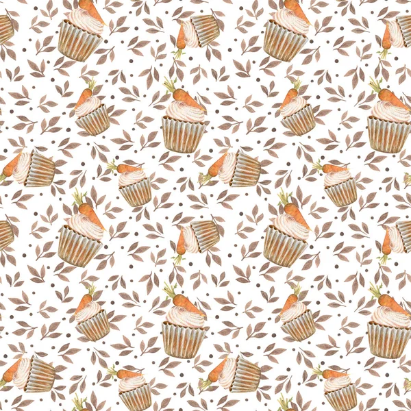 Vintage Watercolor Seamless Pattern Carrot Muffins — Stock Photo, Image