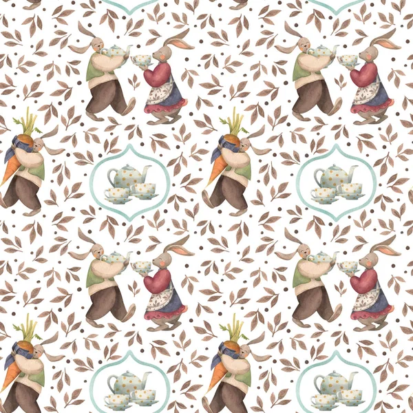 Vintage watercolor seamless pattern with characters. Bunny carries a large carrot as a gift, couple of bunnies drinking tea. Pattern for tea towel, wallpaper and etc.