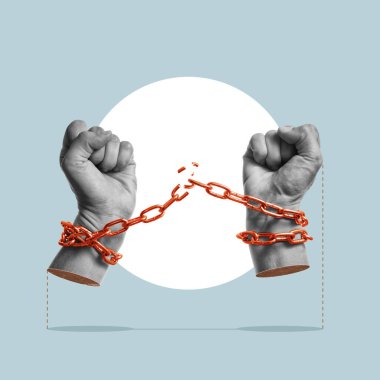 İnsan zincirlerini kırar ve özgürlüğünü kazanır. Özgürlük kazanma kavramı. Sanat kolajı.