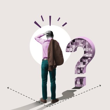 İş adamı soru işaretinin önünde. Sanat kolajı.