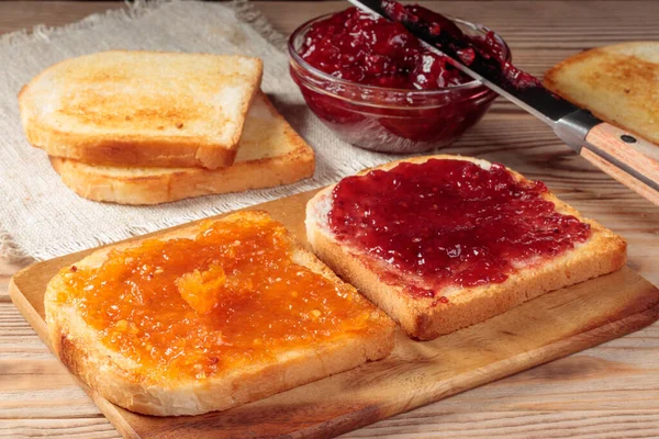 Toasts Red Orange Jam Wooden Board Selective Focus — Stock Photo, Image