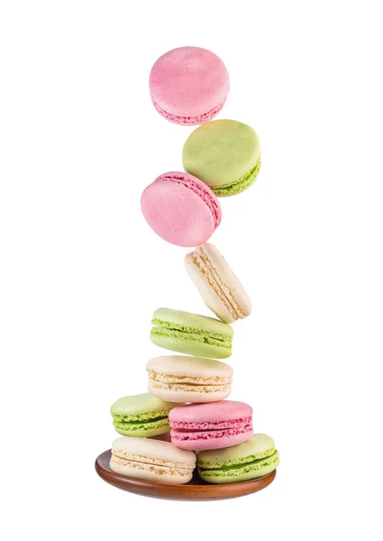 Macaroons Motion Falling Wooden Plate Isolated White Background — Stock Photo, Image