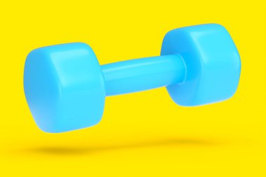 Kauçuk mavi halterler sarı arkaplanda izole edilmiş.