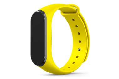 Beyaz üzerine izole kalp atış hızı monitörü olan sarı fitness izleyici veya akıllı saat