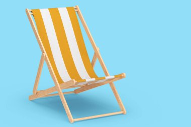 Mavi arka planda izole edilmiş turuncu çizgili plaj sandalyesi. 3D plaj, okyanus tatili ve yaz tatilleri.