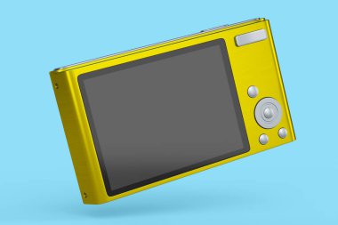 Mavi arka planda izole edilmiş şık sarı cep kamerası. 3D oluşturulmuş tatil gezisi konsepti