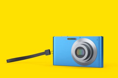 Sarı arka planda izole edilmiş şık mavi cep kamerası. 3D oluşturulmuş tatil gezisi konsepti