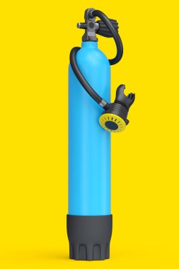 Mavi dalış tankı sarı arka planda izole edilmiş şnorkelle yüzmek için tam oksijen. Yaz tatili için 3D dalış ve spor malzemesi.