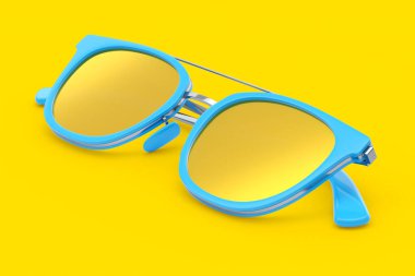 Sarı zemin üzerinde yaz mevsimi için gradyan lens ve mavi plastik çerçeve ile gerçekçi güneş gözlemi. 3D Aile Seyahat Konsepti ve Gözler Güneşe Koruma