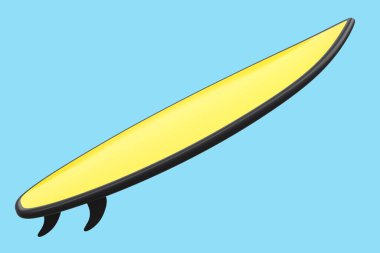 Mavi arka planda izole edilmiş gerçekçi sarı sörf tahtası. Plajda sörf tahtasında sörf yapmanın 3 boyutlu resmi.