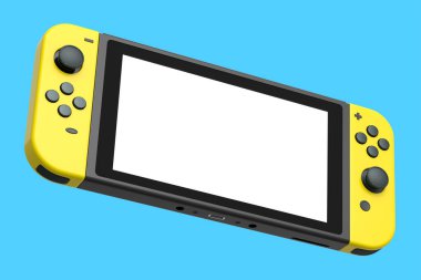 Mavi arka planda cep telefonuna bağlı gerçekçi video oyun kontrolörleri. Çevrimiçi oyun için akıllı telefon için 3B oyun alanı oluşturma