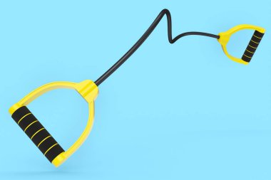 Mavi arka planda, lastik saplı el genişletme bandı ya da direnç bandı var. Spor malzemelerinin fitness, trx ve powerlift için 3d yorumlanması