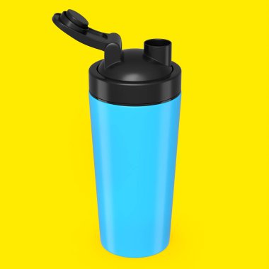 Sarı arka planda izole edilmiş protein içeceği için mavi plastik karıştırıcı. Spor gıda kokteyl kabının 3 boyutlu sunucusu