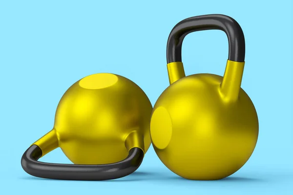 Set of gym gold kettlebell for workout isolated on blue background. 3d rendering of sport equipment for fitness and powerlifting