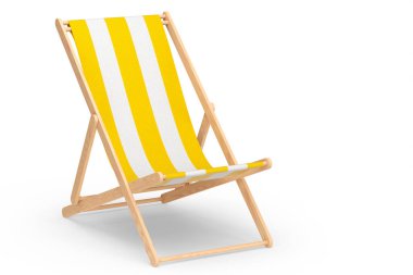 Sarı çizgili plaj sandalyesi beyaz arka planda izole edilmiş. 3D plaj, okyanus tatili ve yaz tatilleri.