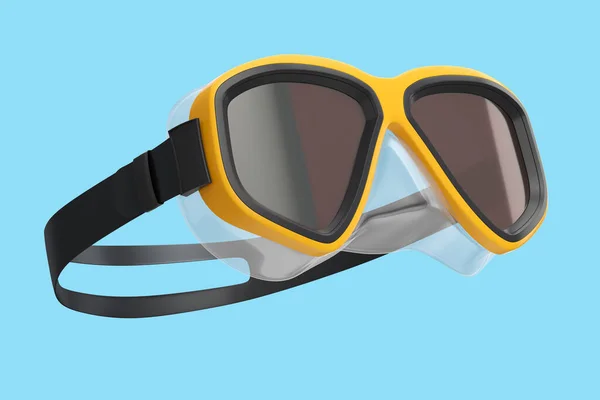 Orange diving mask isolated on a blue background. 3d render of diving and snorkeling equipment