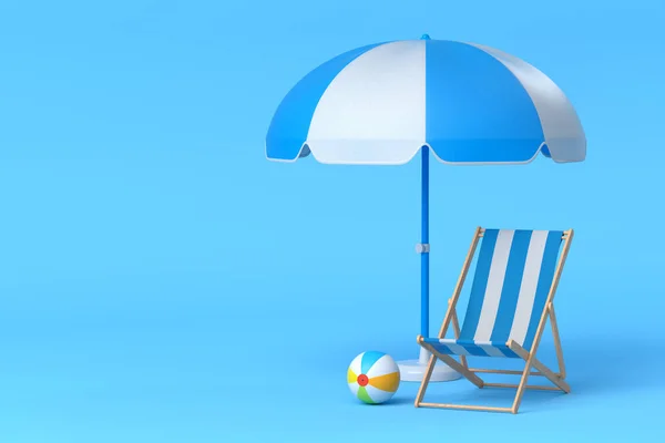 Strandstol Med Paraply Och Strandboll Blå Bakgrund Återgivning Sommar Semester — Stockfoto