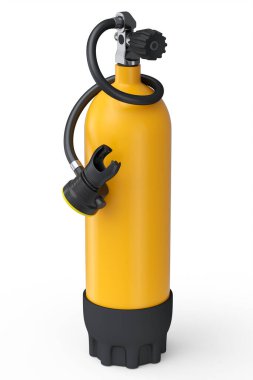 Turuncu dalış tankı beyaz arka planda izole edilmiş şnorkelle yüzmek için tam oksijen. Yaz tatili için 3D dalış ve spor malzemesi.