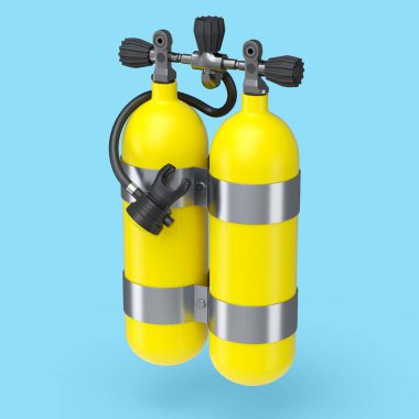 Sarı dalış tankları ya da balonlar mavi arka planda izole edilmiş şnorkelle yüzmek için tam oksijen. Yaz tatili için 3D dalış ve spor malzemesi.