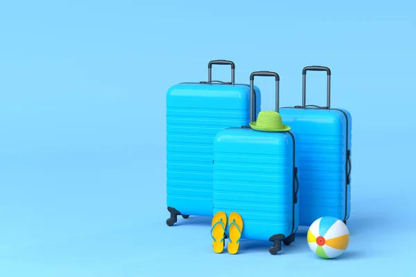 Suitcase Beach Ball Flip Flops Blue Background Render Summer Vacation — Stock Photo, Image