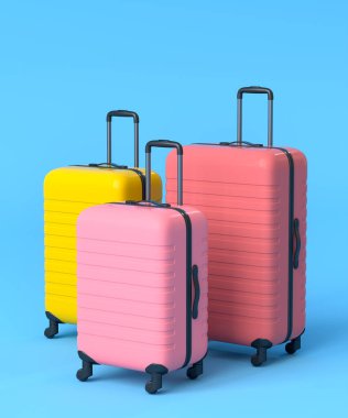 Mavi arka planda renkli bavul ya da bavul. Yaz tatili konsepti ve tatillerinin 3 boyutlu canlandırması