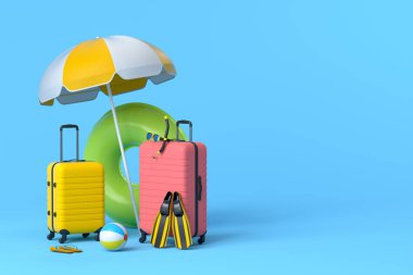 Plaj şemsiyeli bavul ve mavi arka planda şişme yüzük. Yaz tatili konsepti ve tatillerinin 3 boyutlu canlandırması