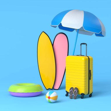 Mavi arka planda plaj topu ve sörf tahtası olan bavul. Yaz tatili konsepti ve tatillerinin 3 boyutlu canlandırması