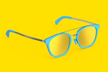 Sarı zemin üzerinde yaz mevsimi için gradyan lens ve mavi plastik çerçeve ile gerçekçi güneş gözlemi. 3D Aile Seyahat Konsepti ve Gözler Güneşe Koruma