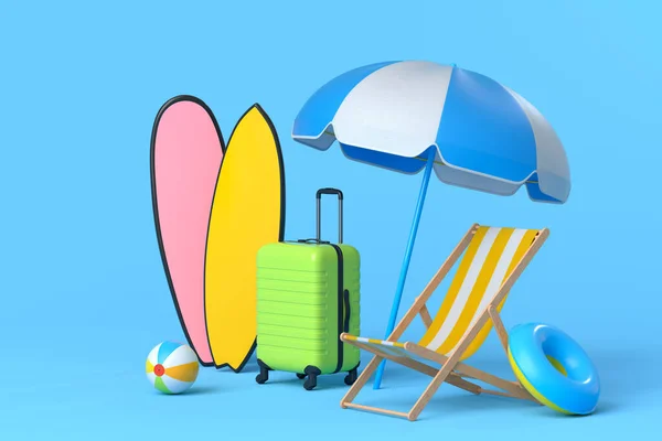 青い背景にビーチチェアとサーフボード付きのスーツケース 夏休みのコンセプトと休日の3Dレンダリング — ストック写真