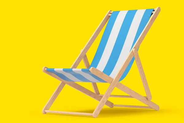 黄色の背景に隔離された青い縞模様のビーチチェア ビーチや海の休暇や夏の休暇の3Dレンダリング — ストック写真